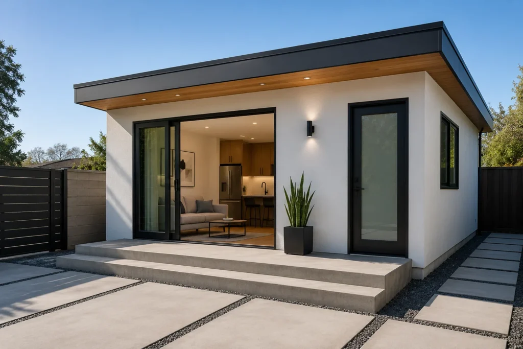 Modern ADU with open sliding doors and concrete steps.