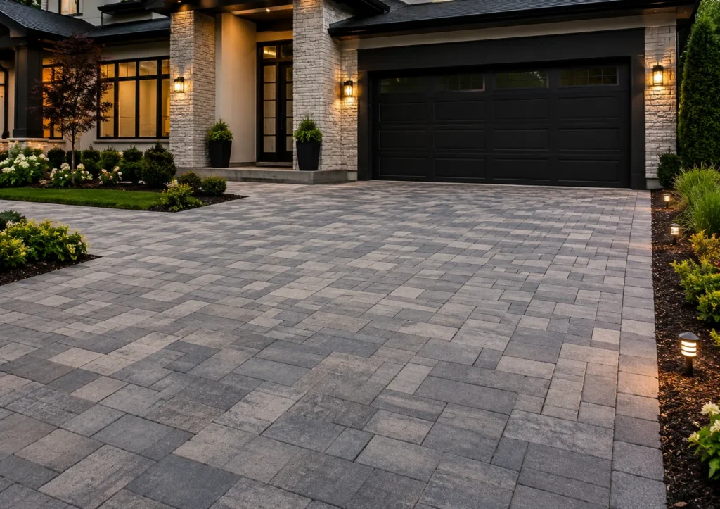 Modern home with large stone driveway and garden lights.