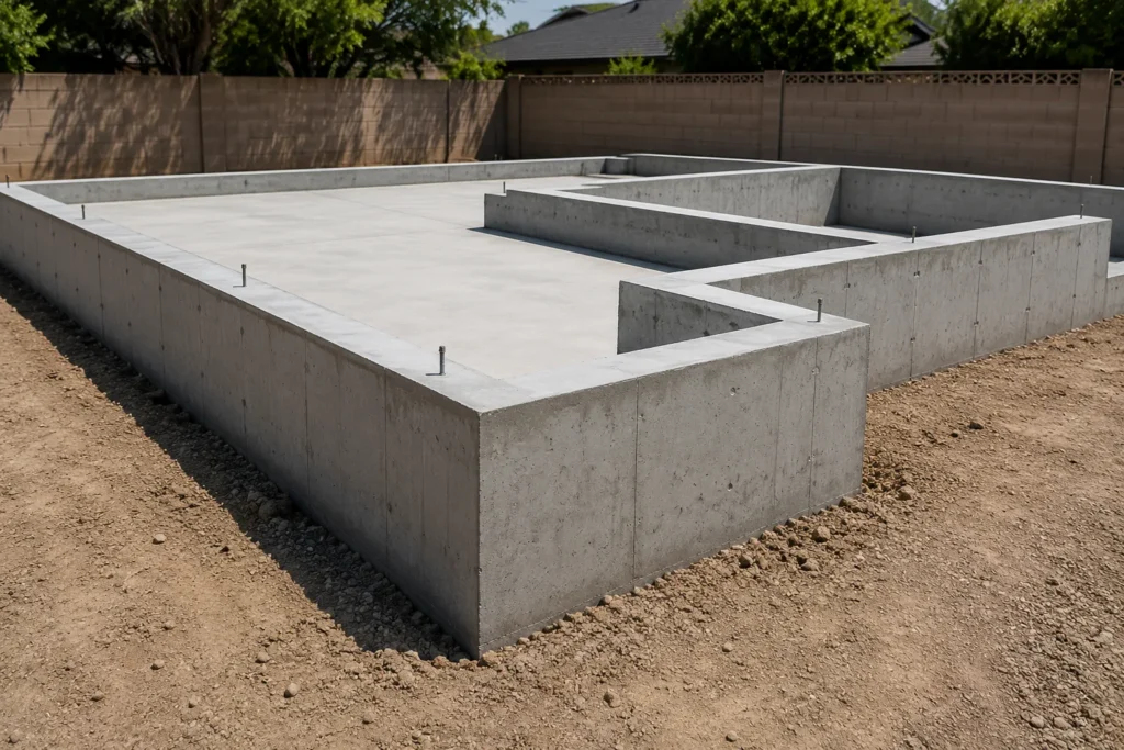 Foundation construction site with concrete and rebar.