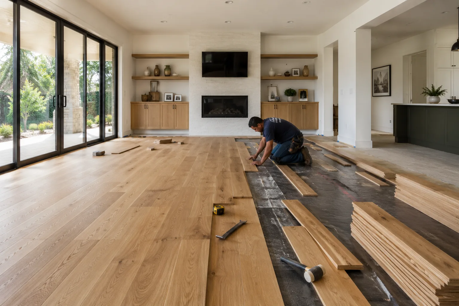 Hardwood flooring installed in a living room