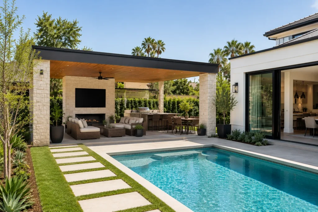 Modern backyard with pool and covered lounge area.