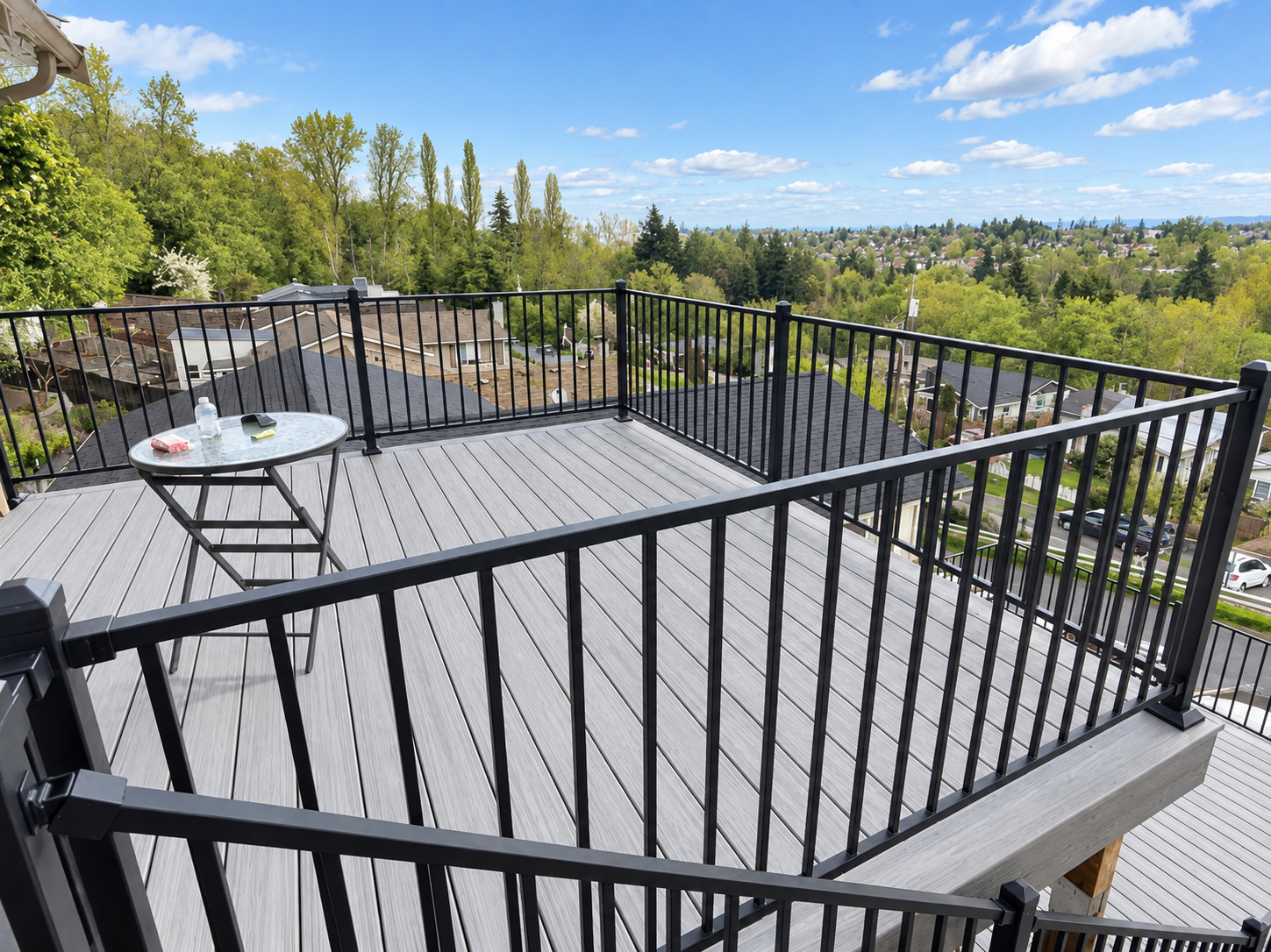 Elevated composite deck with black metal railing and an open view, built by Green Design and Build