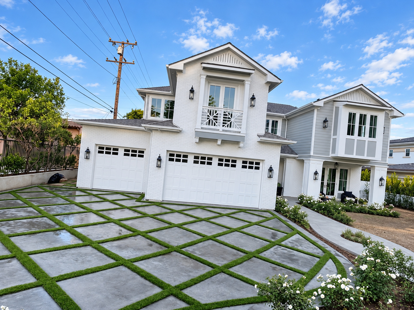 Large-format concrete paver driveway with turf joints leading to a three-car garage, built by Green Design and Build