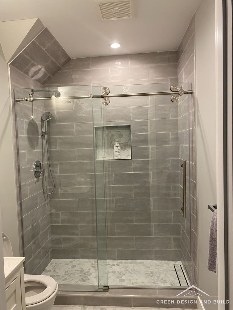 Recessed shower niche and tiled walls in a Diamond Bar bathroom remodel