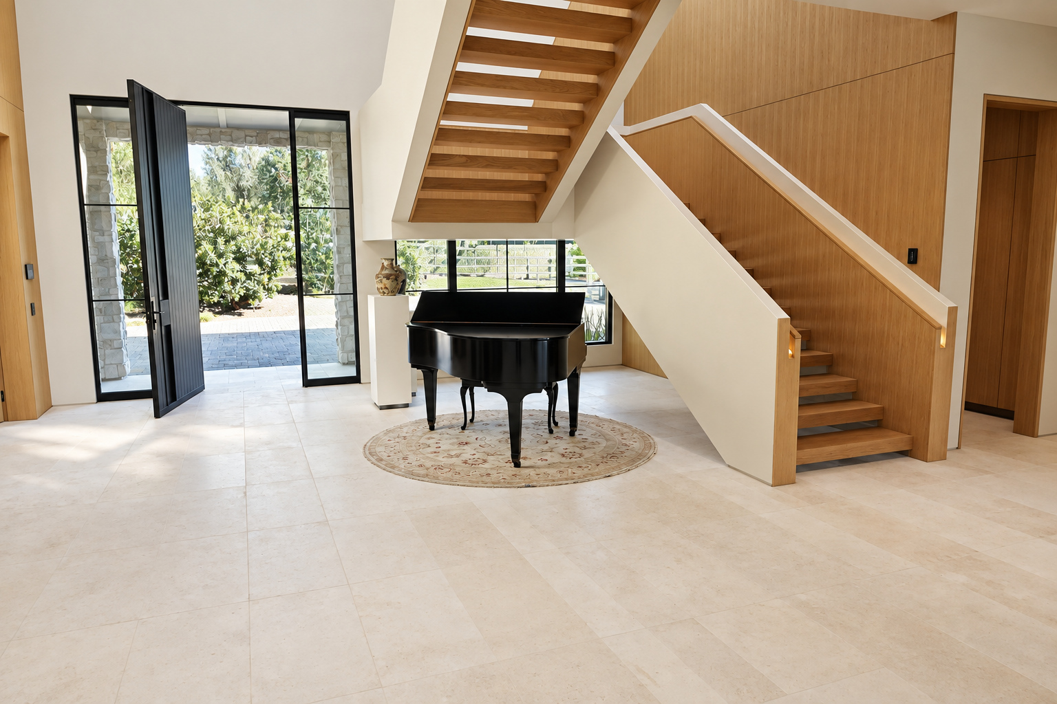 Entry hall with an open-riser white oak staircase and black steel pivot doors in a new home built by Green Design and Build