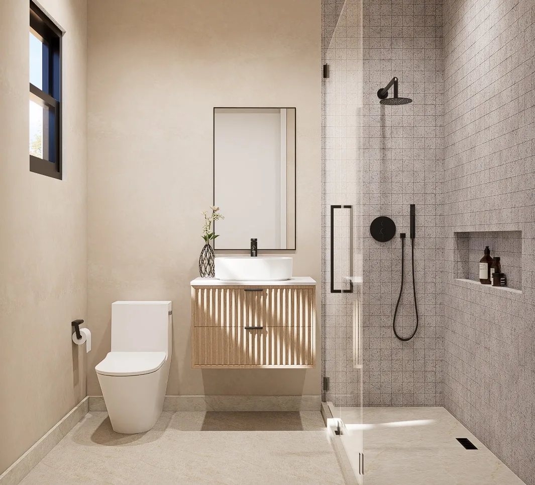 3D design rendering of a bathroom with a wall-hung fluted vanity, vessel sink and a tiled walk-in shower with black fittings