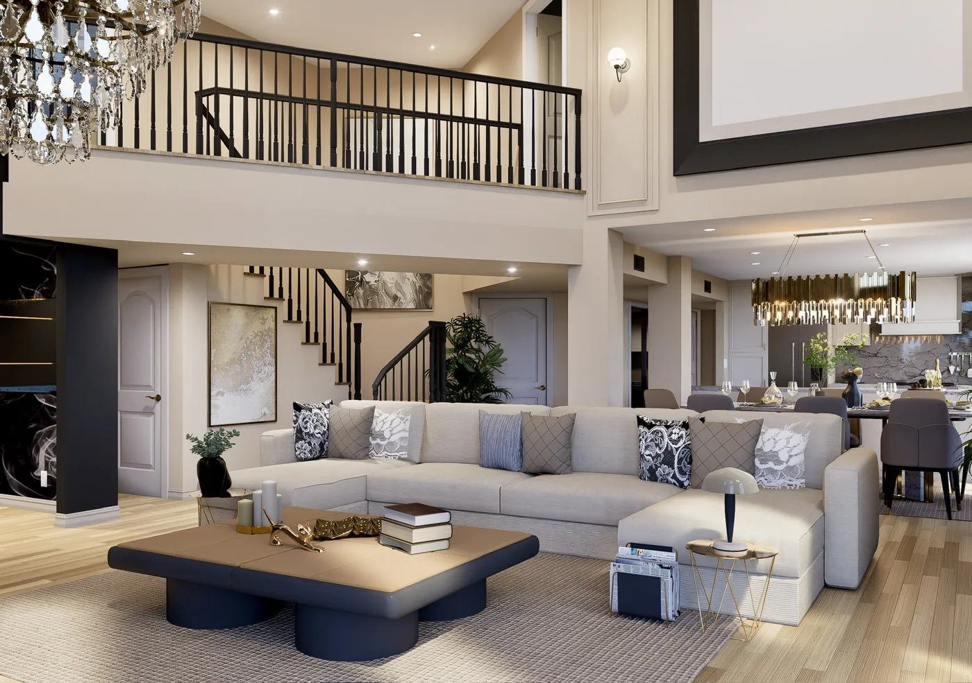 3D design rendering of a double-height living room open to the dining area, with a sectional, mezzanine balcony and chandelier