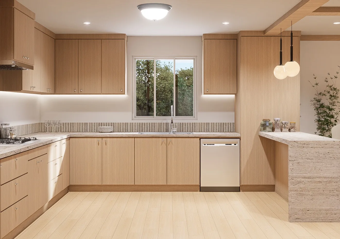 3D design rendering of a light oak kitchen with a window over the sink and a travertine peninsula