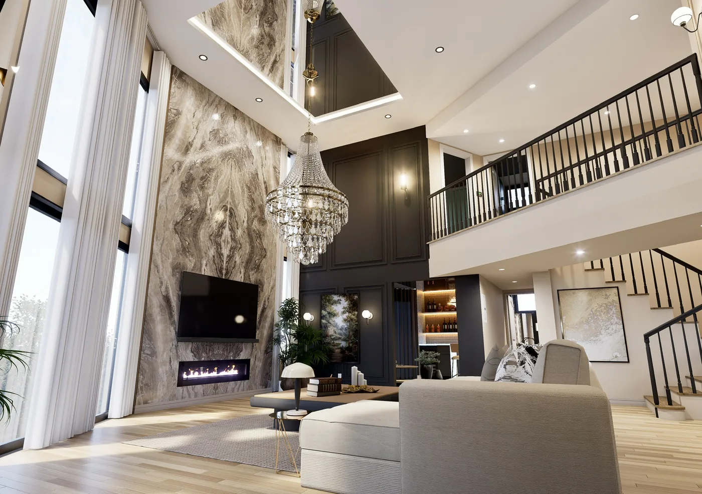 3D design rendering of a full-height marble fireplace wall with a linear gas fireplace, floor-to-ceiling curtains and a crystal chandelier