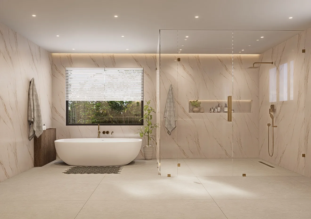 3D design rendering of a marble bathroom with a freestanding tub, curbless glass shower and brass fittings