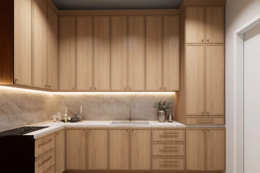 3D design rendering of an oak kitchen with a full marble backsplash, under-cabinet lighting and full-height cabinets