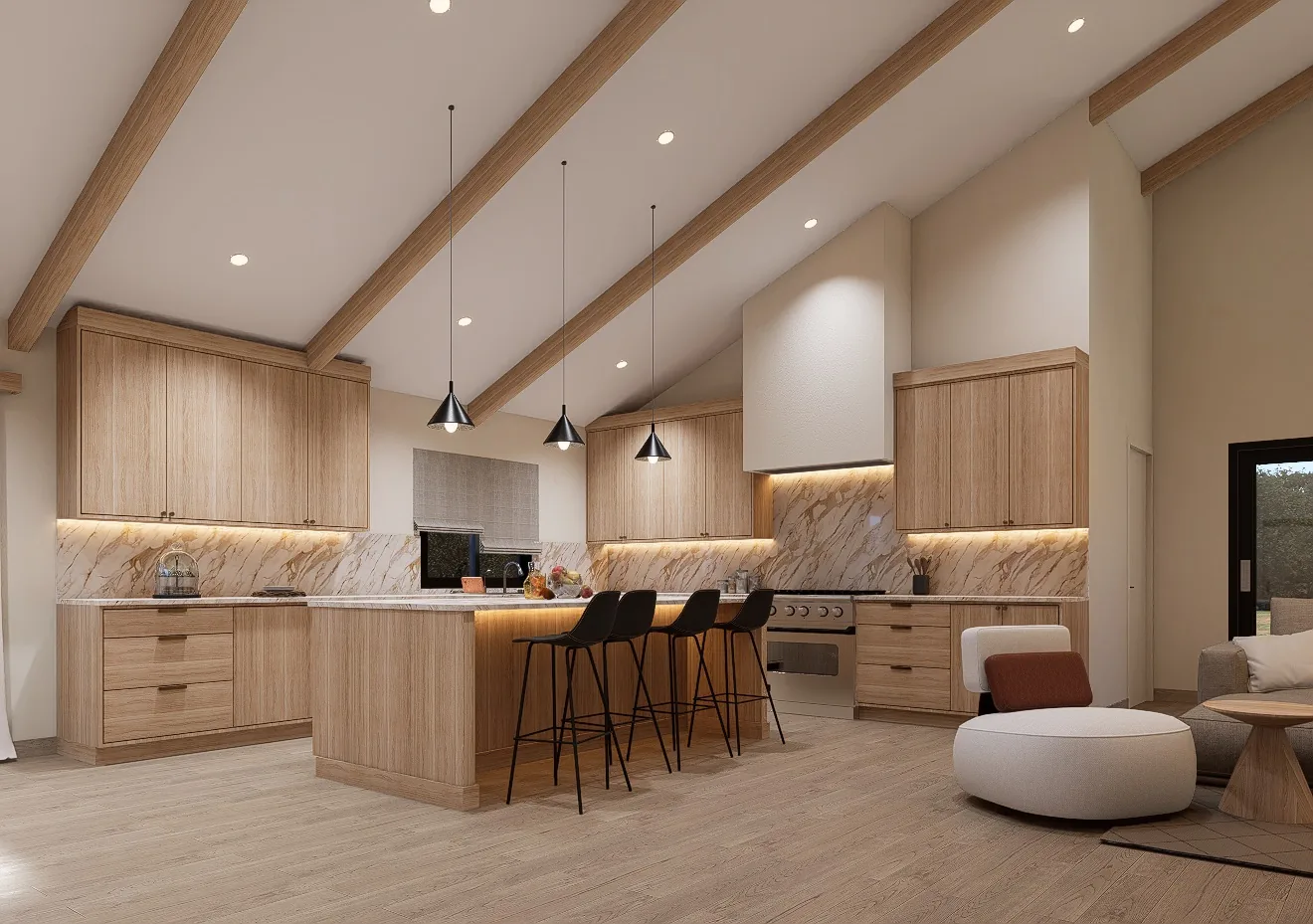 3D design rendering of a kitchen under a vaulted ceiling with exposed beams, an island with seating and a marble backsplash