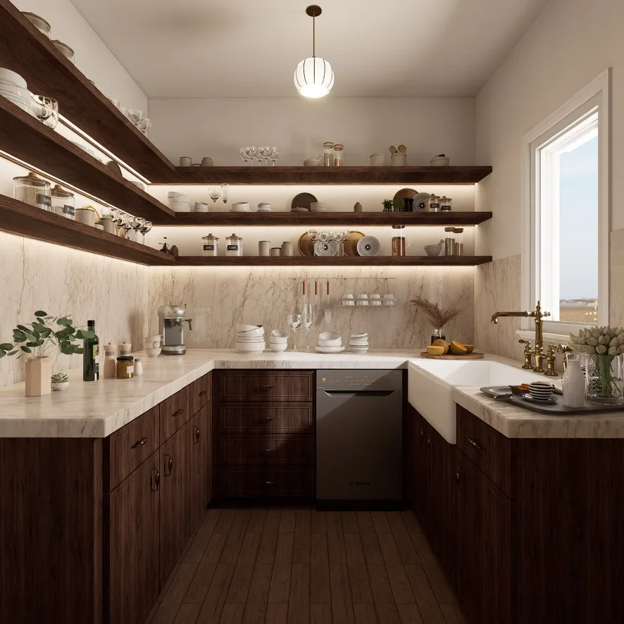3D design rendering of a walnut kitchen with marble counters, lit floating shelves and a farmhouse sink