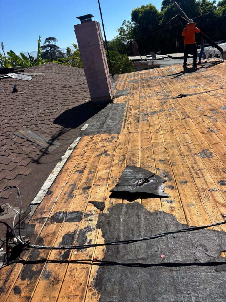 Tear-off: rotted decking found — roof replacement in Buena Park, CA