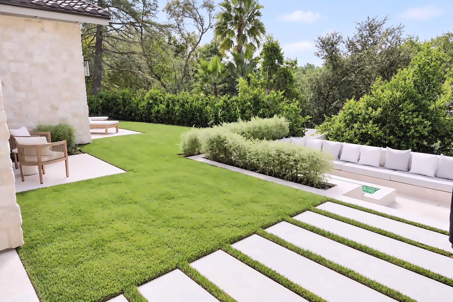 Landscaped backyard with lawn, large-format stone pavers and a sunken seating area