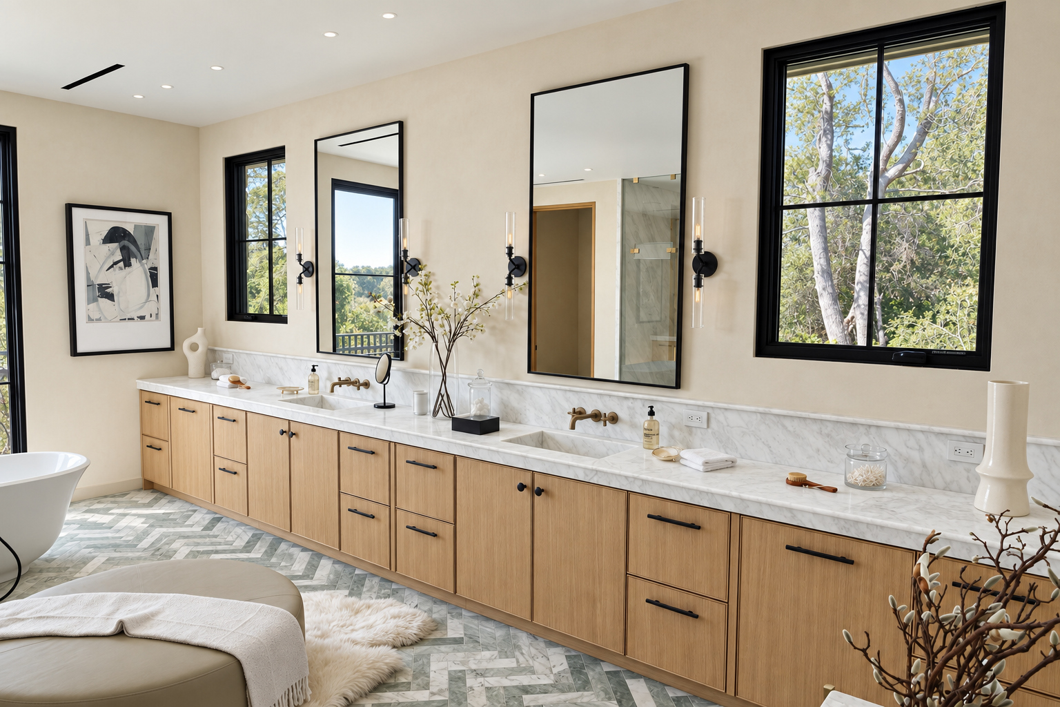 Primary bathroom with a long white oak double vanity, marble counters and herringbone marble floor