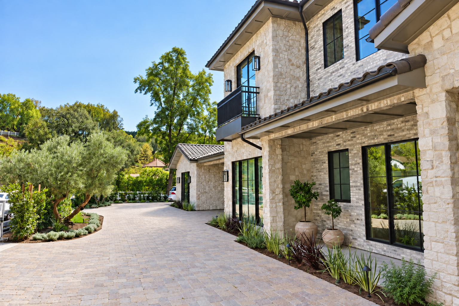 Two-story stone and brick home with black steel windows and a paver driveway
