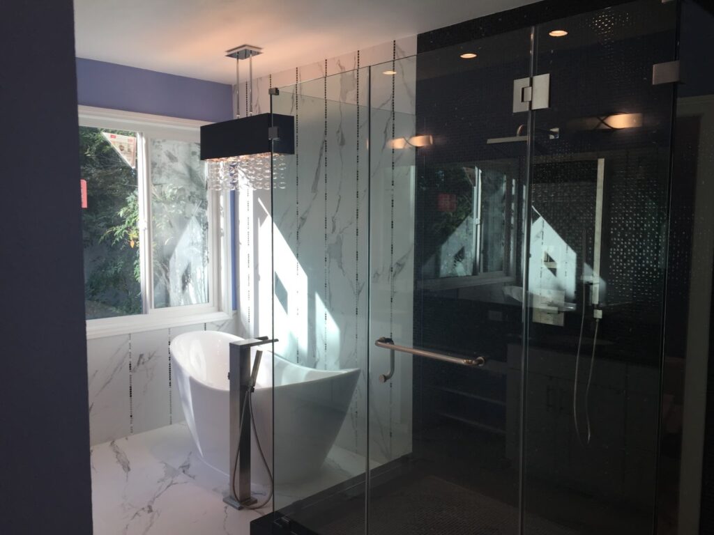 After: freestanding tub and glass shower — bathroom remodel in Inglewood, CA