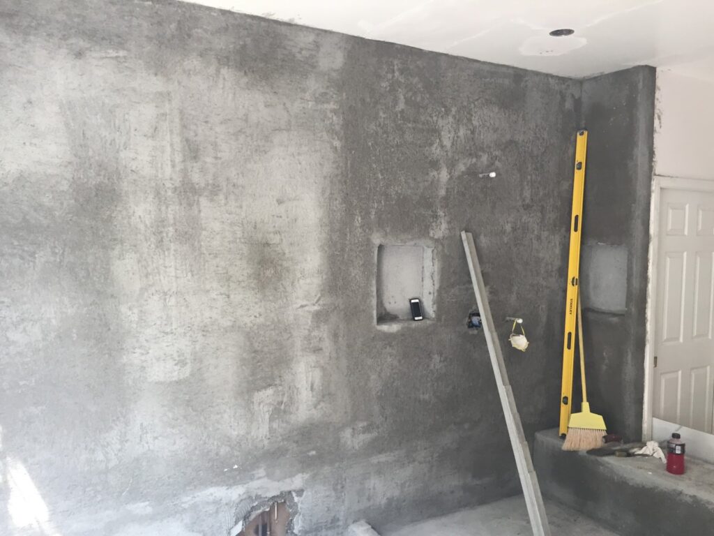 Waterproofing membrane applied over cement board in the shower before tile, Inglewood bathroom remodel