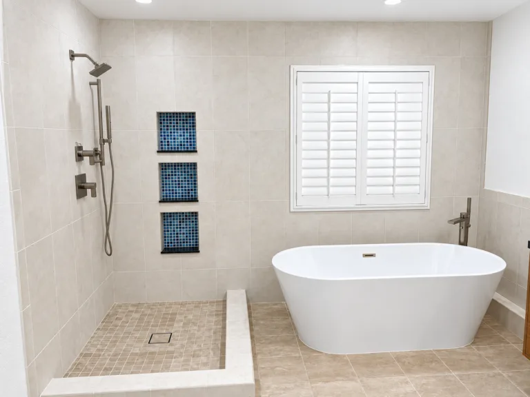 After: freestanding tub and walk-in shower — bathroom remodel in Irvine, CA