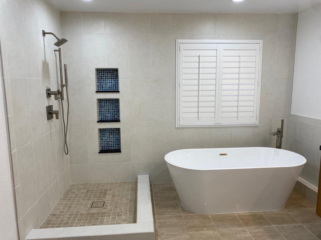 After: freestanding tub and walk-in shower — bathroom remodel in Irvine, CA