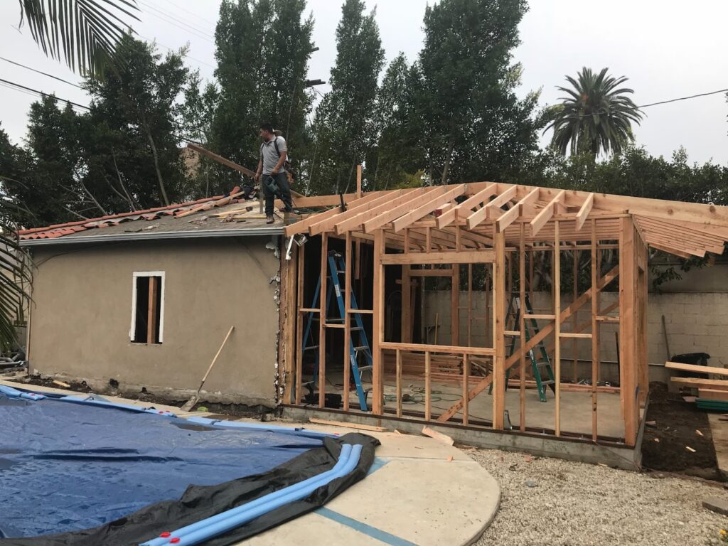 Roof structure rebuilt, new framing — garage-to-ADU conversion in Los Angeles, CA