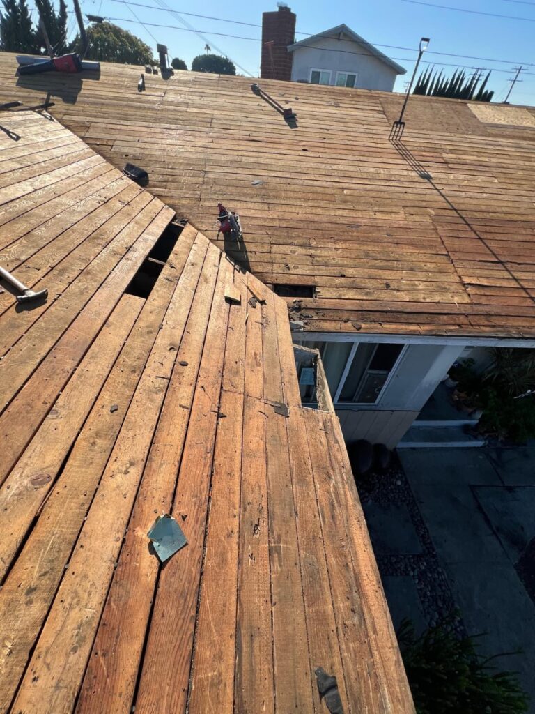 Deck and fascia exposed — roof replacement in Newport Beach, CA