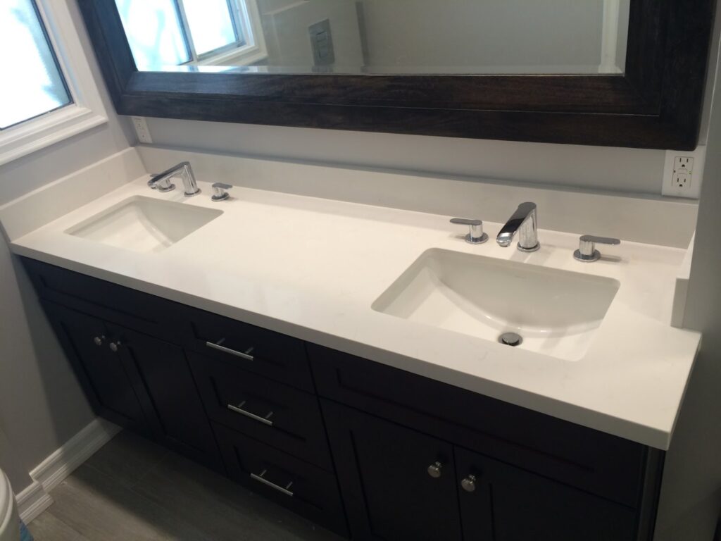 After: double vanity — bathroom remodel in Ontario, CA