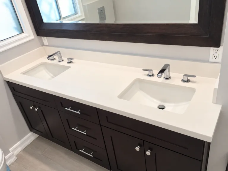 After: double vanity — bathroom remodel in Ontario, CA