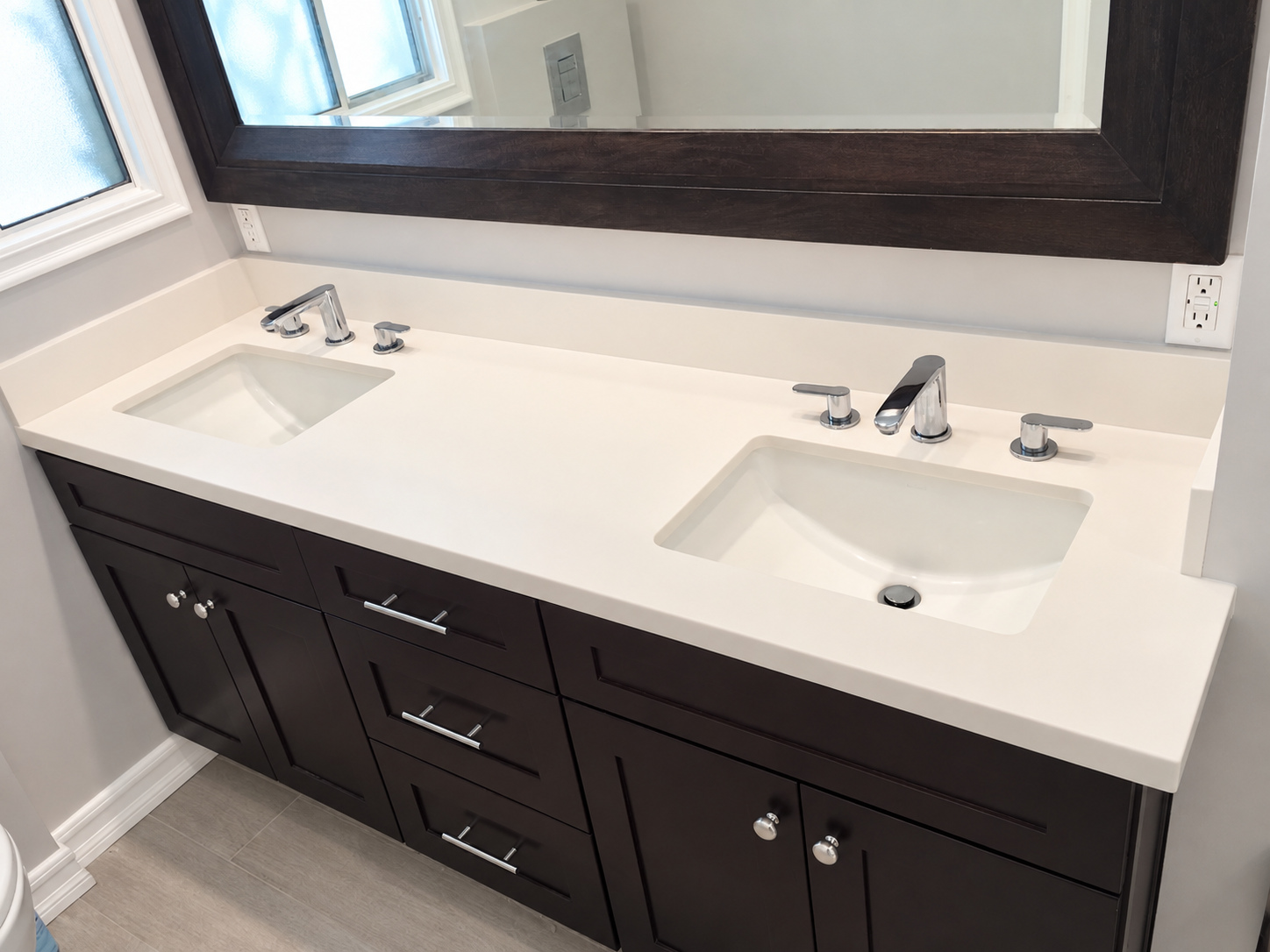 After: double vanity — bathroom remodel in Ontario, CA