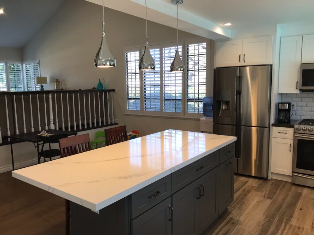After: island and pendant lights — kitchen remodel in Pasadena, CA
