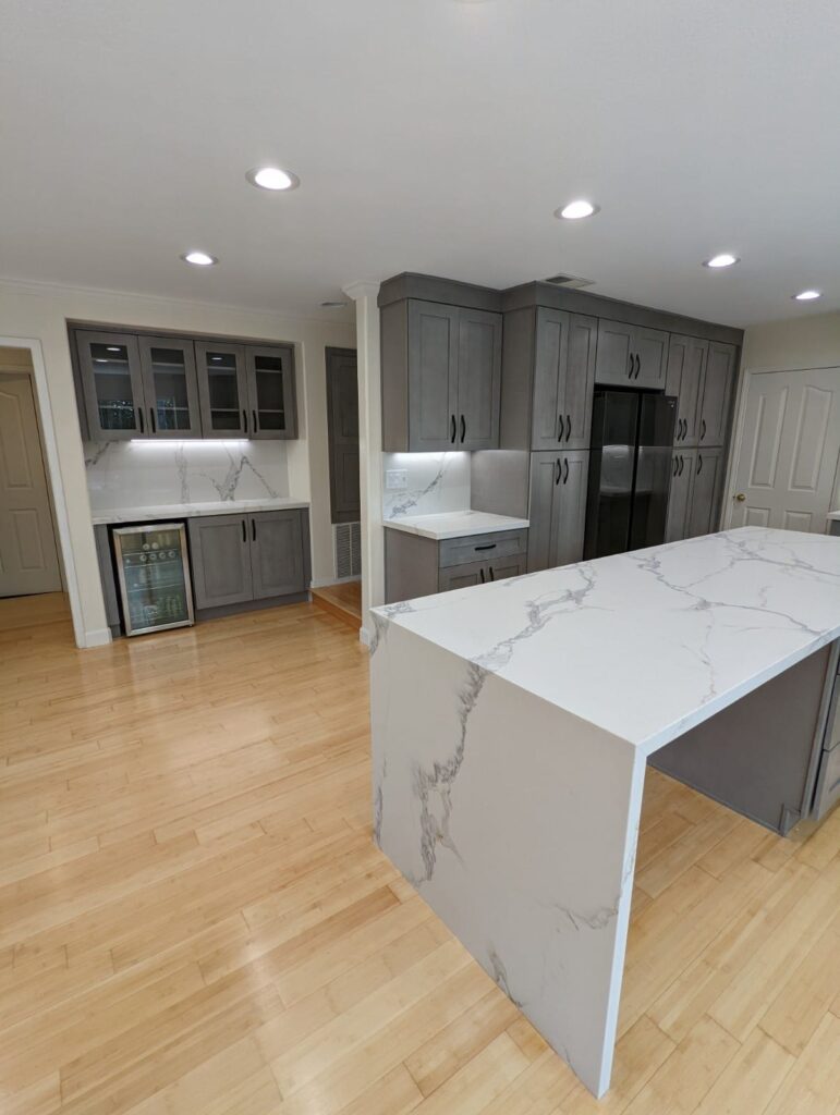 After: waterfall island — kitchen remodel in Sherman Oaks, CA
