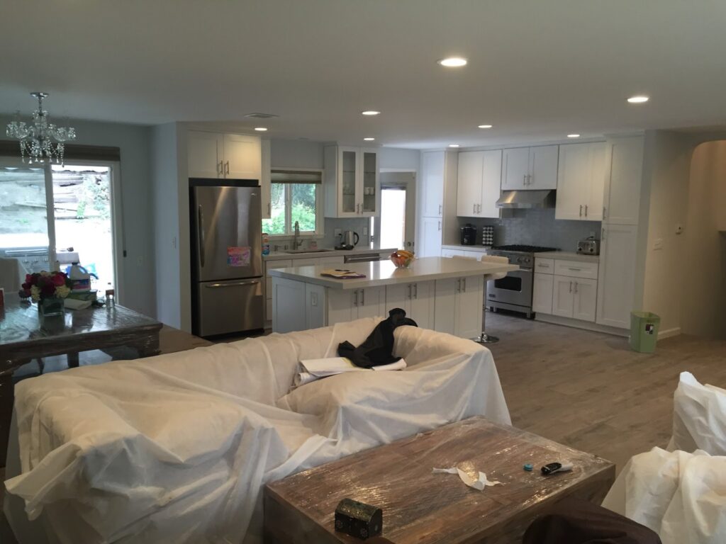 Kitchen open to the living room after the load-bearing wall was replaced with an engineered beam, Torrance