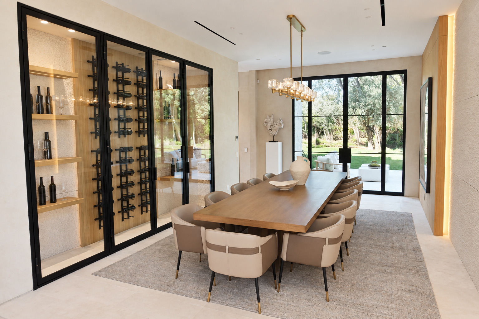 Dining room with a steel-framed glass wine wall, linear chandelier and a full glass wall to the yard