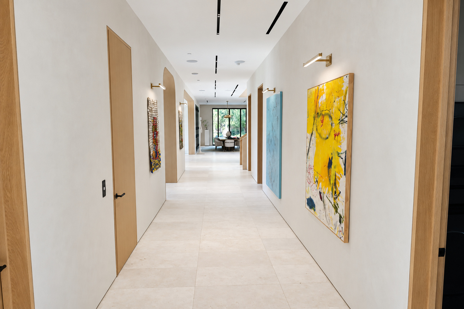 Large-format tile flooring in a wide hallway of a Hidden Hills home built by Green Design and Build