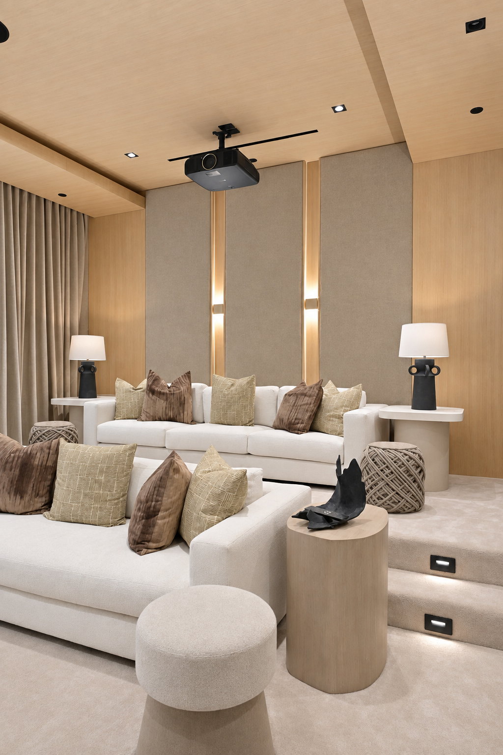 Home theater with tiered seating, upholstered acoustic wall panels and recessed step lighting built by Green Design and Build