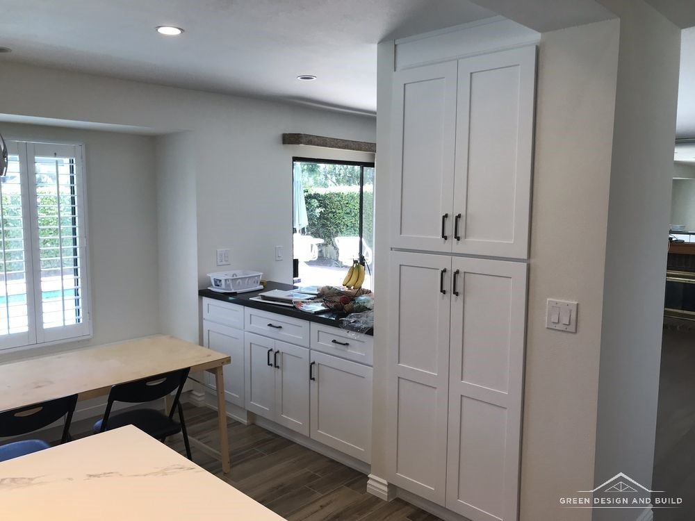 Kitchen island and perimeter cabinets set before the quartz countertops go on in Manhattan Beach
