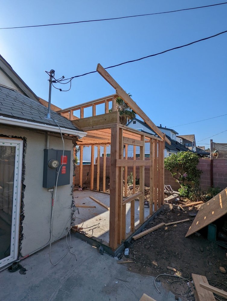Roof structure being framed on a new room addition at a Montebello home