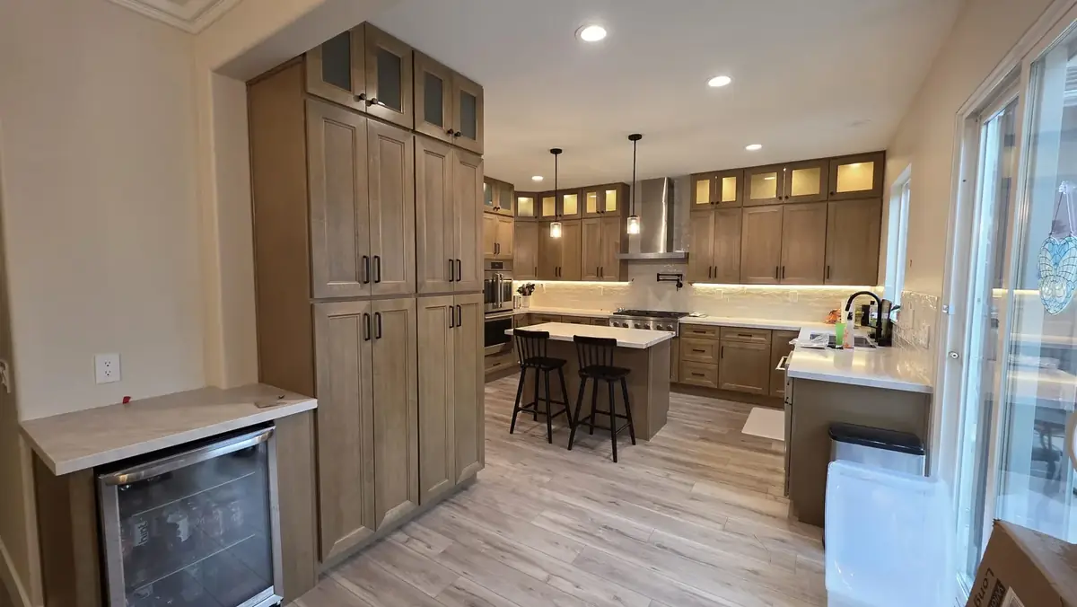 Bar run with a glass-front beverage fridge &mdash; kitchen remodel in Pasadena, CA