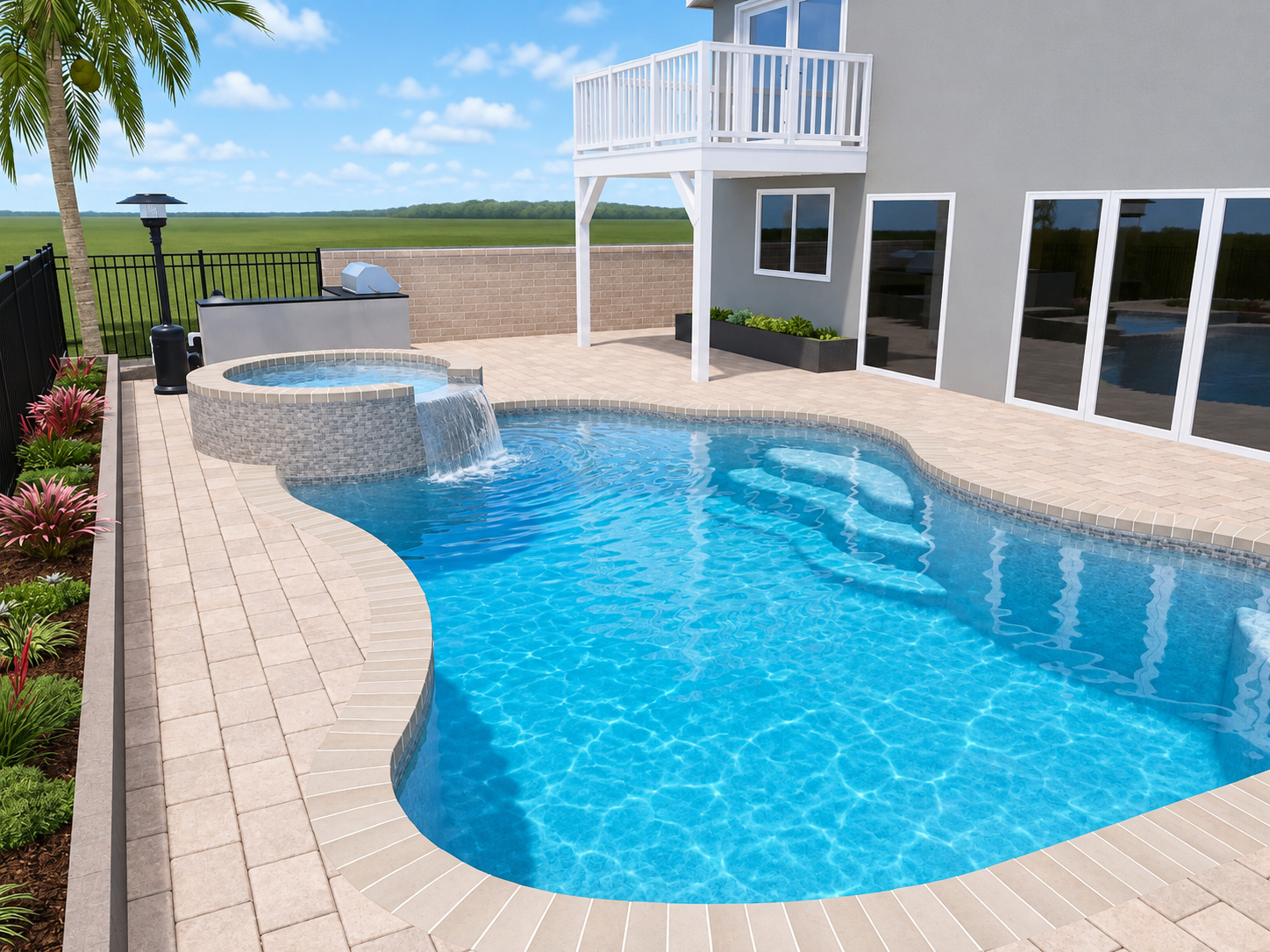 Paver pool deck wrapping a freeform pool and raised spa, built by Green Design and Build