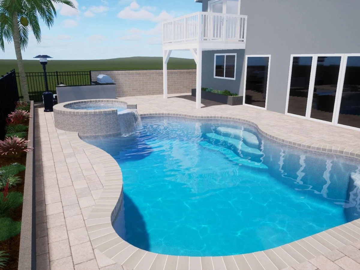 Paver pool deck wrapping a freeform pool and raised spa, built by Green Design and Build