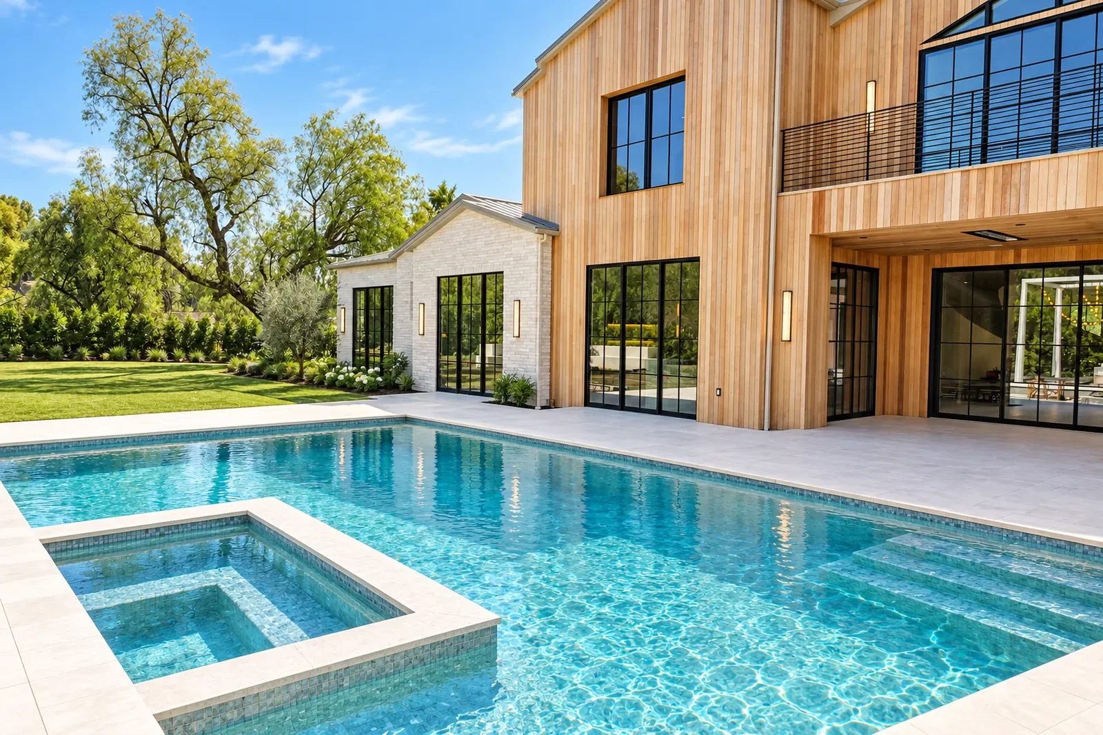 Swimming pool and raised spa beside a cedar-clad modern farmhouse with black steel windows, built by Green Design and Build in Hidden Hills