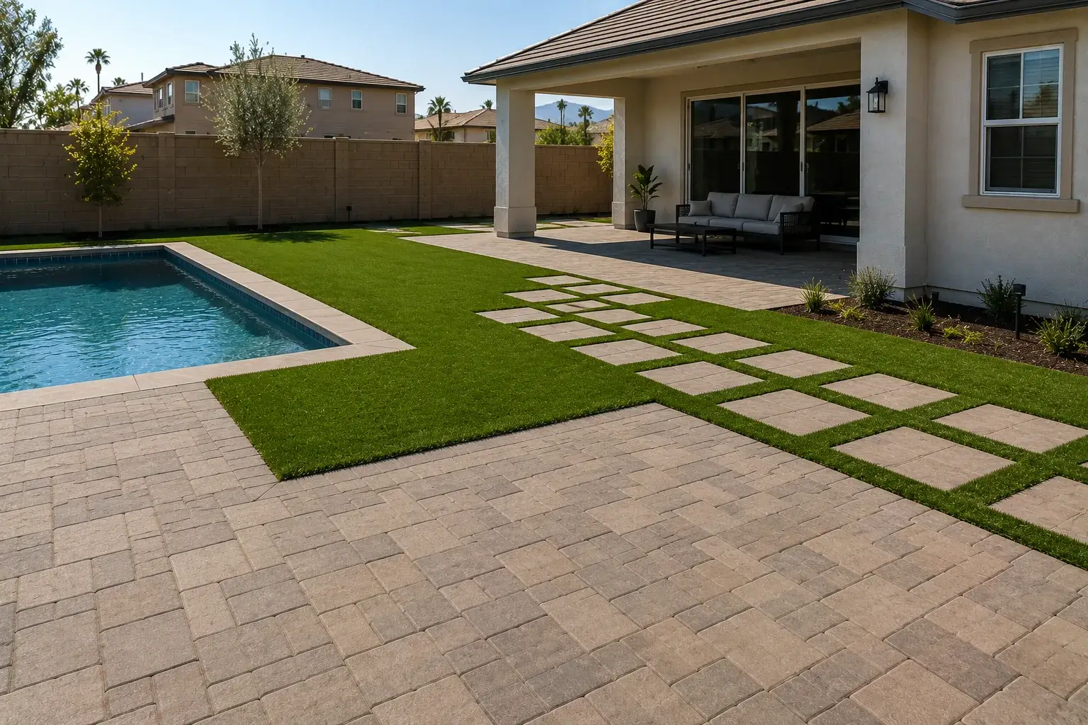 Pool deck paver installation by Green Design and Build