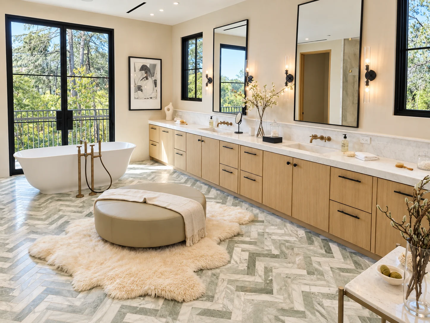 Primary bathroom with a freestanding tub, long double vanity and green-grey marble herringbone floor in a Hidden Hills home built by Green Design and Build
