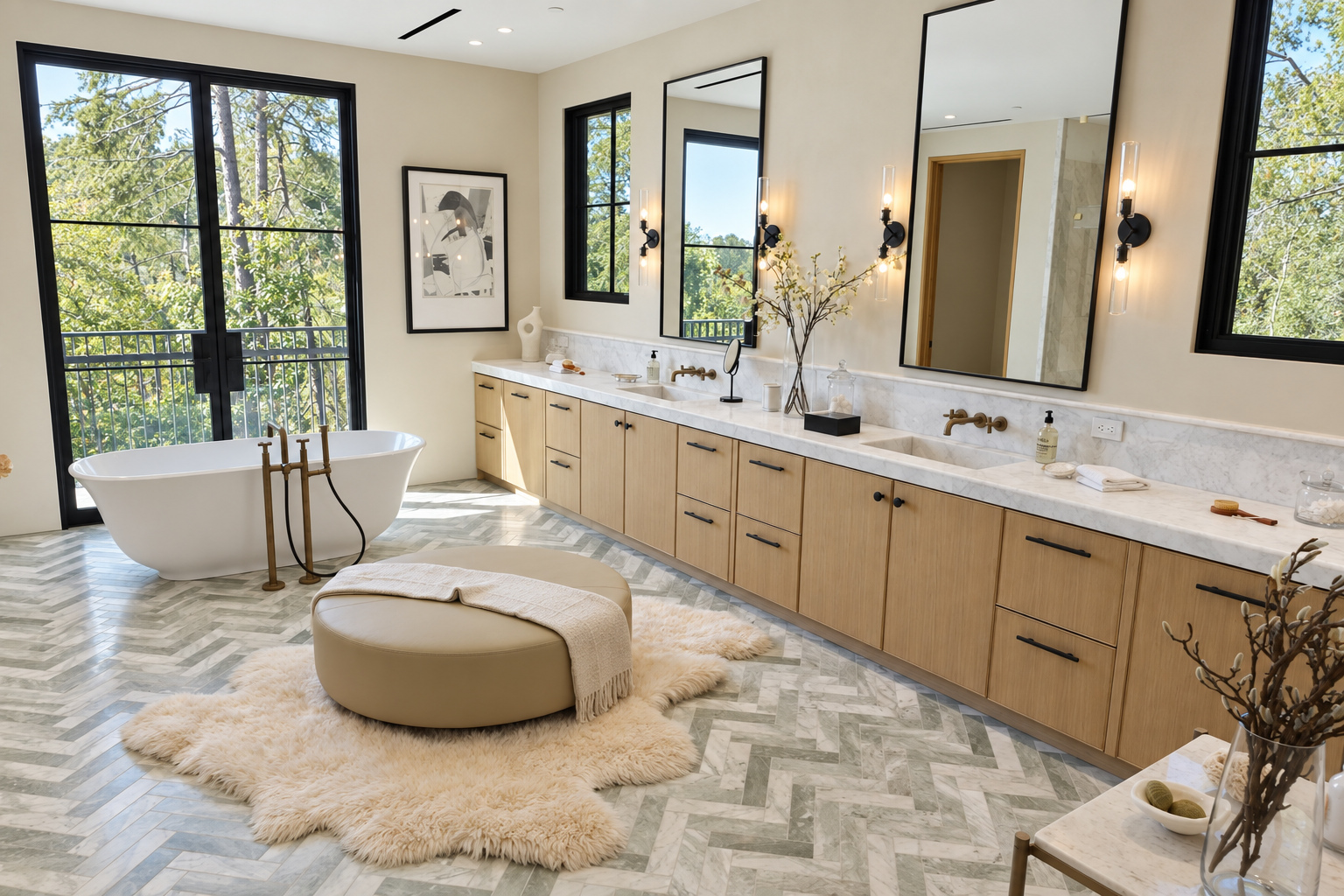 Primary bathroom with a freestanding tub, double vanity and green-grey marble herringbone floor