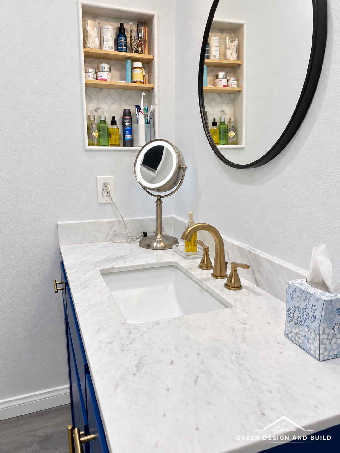 Finished West Hollywood bathroom with navy vanity, oak shelving and a tiled walk-in shower