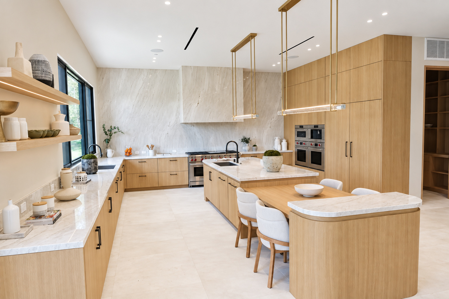 White oak kitchen with a full-height stone slab backsplash, waterfall island and brass linear pendants
