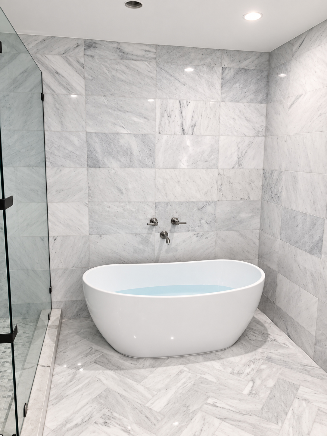 Finished primary bathroom with a freestanding tub and large-format marble tile in a Woodland Hills home