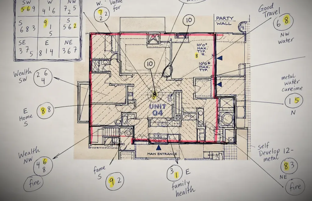 A floor plan annotated by hand with a Classical Feng Shui flying-star chart and direction notes