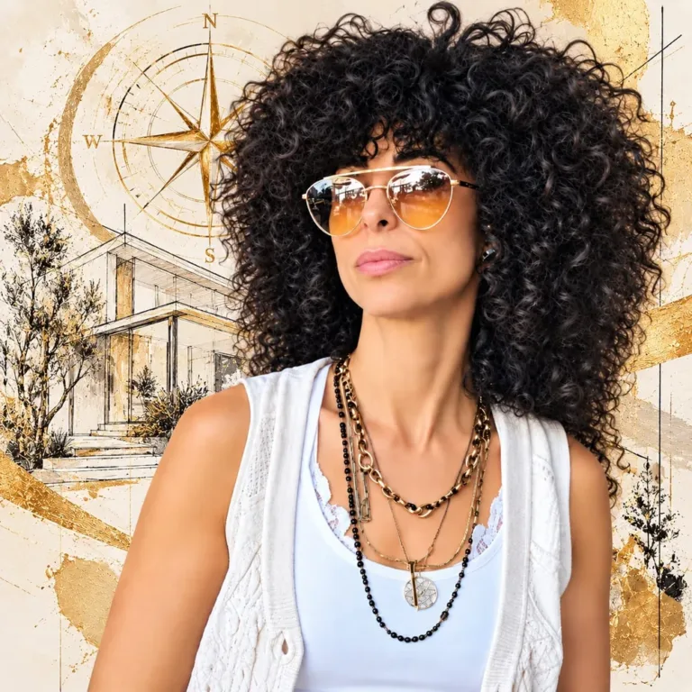 Galeet Gia Zeituny, Classical Feng Shui consultant, in front of a gold compass and a sketch of a house